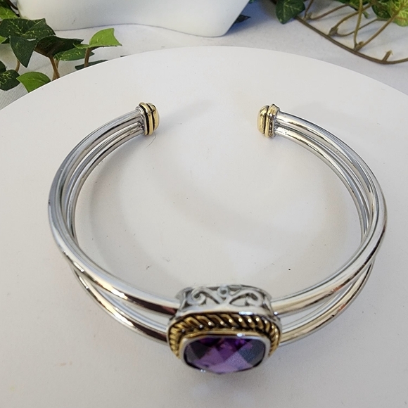 Silver Open Cuff Bracelet with Amerhyst Purple Crystal Stone - Picture 3 of 11